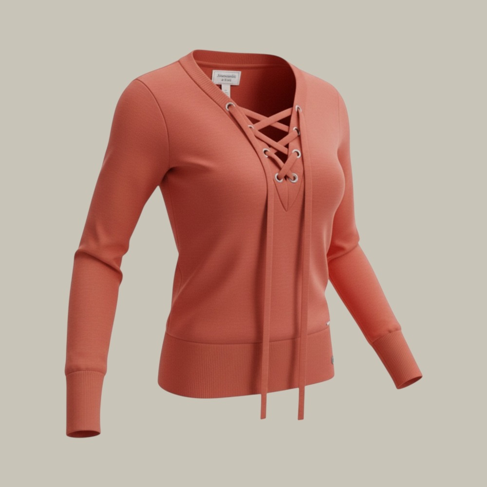 NWT Abercrombie & Fitch Orange Lace Up V-Neck Knit Top Long Sleeve Large